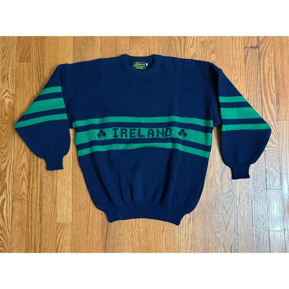Vintage Latchfords of Ireland Wool Sweater Navy Green Stripes Shamrock Ireland - Picture 1 of 6